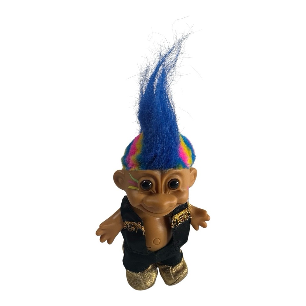 Vintage Russ Troll Doll Blue Mohawk Rainbow Hair Rock Star Black Gold Outfit 5in